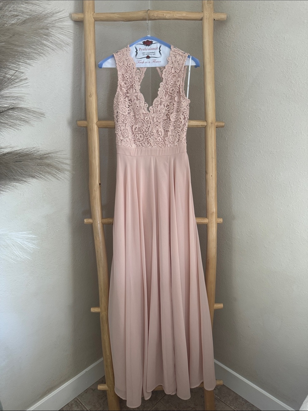 Blush Lace V-Neck Bridesmaids Dress